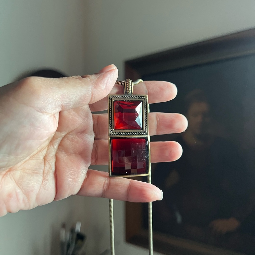 Red and Gold Square Pendant Necklace vintage